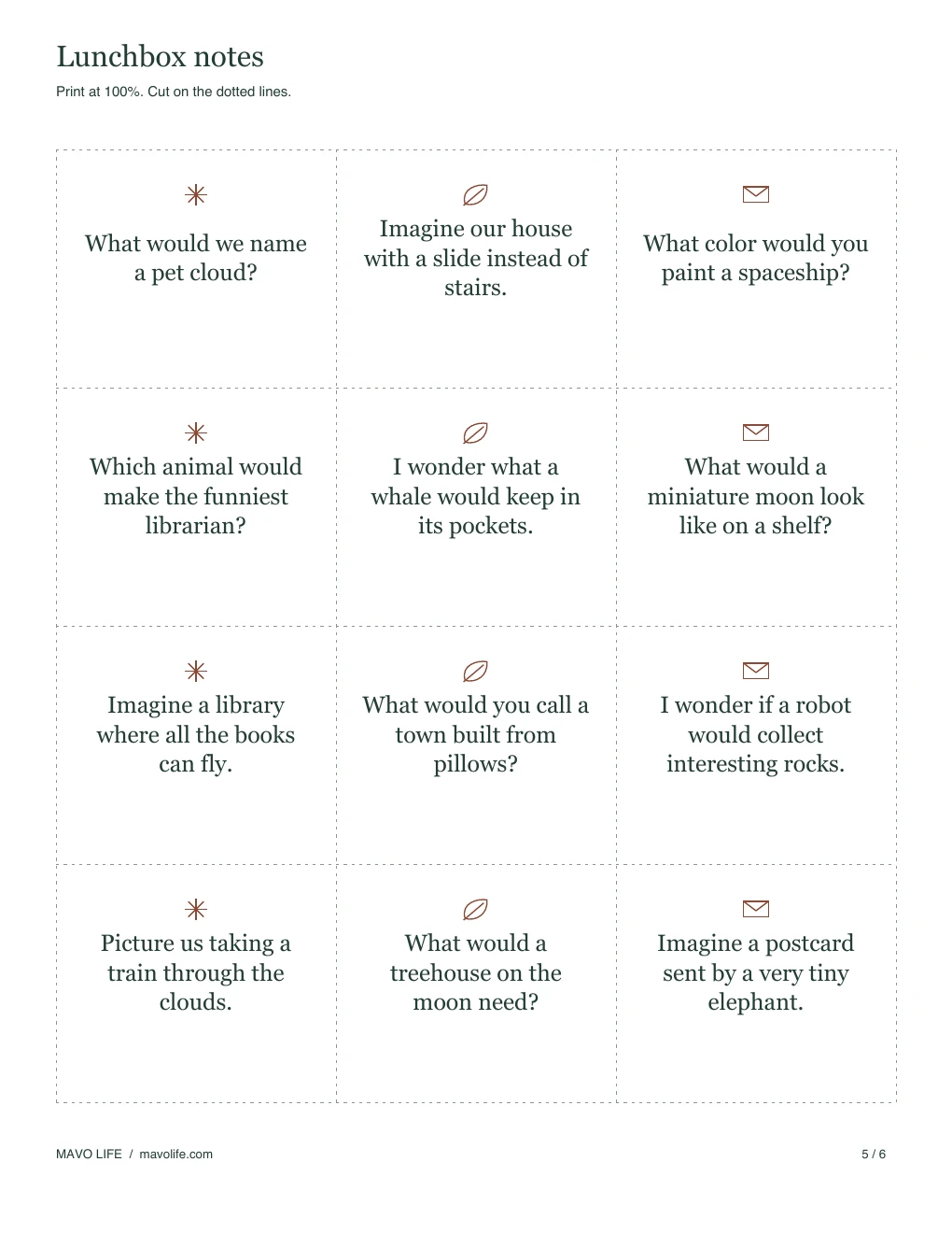 Page 5: Whimsical pictures and questions to put on a small card.
