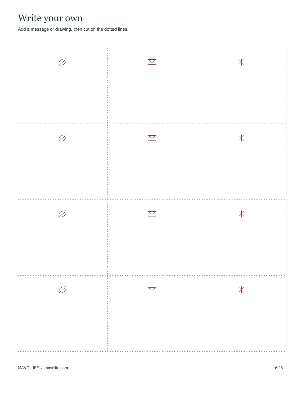 Page 6: Twelve blank cards with the same small illustrations and space to write or draw.