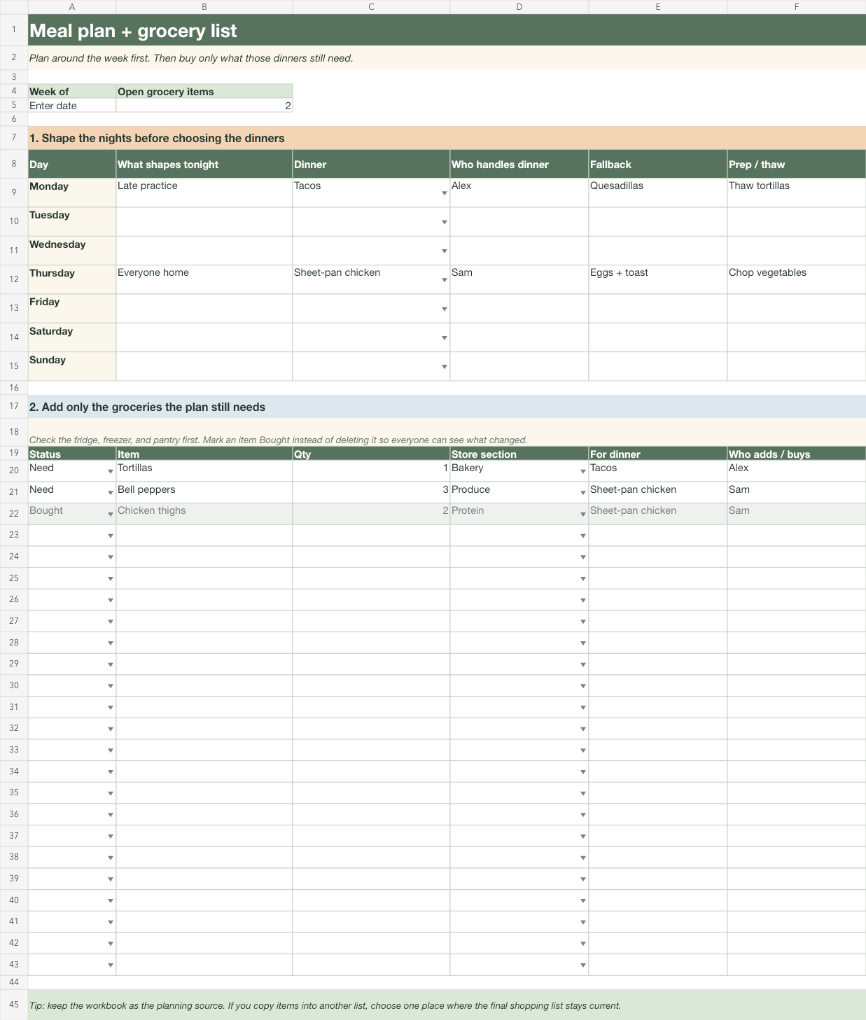 Preview of the meal planning workbook with a seven-day dinner plan, named owner and fallback for each night, and a grocery list with status, quantity, store section, dinner, and shopper columns.