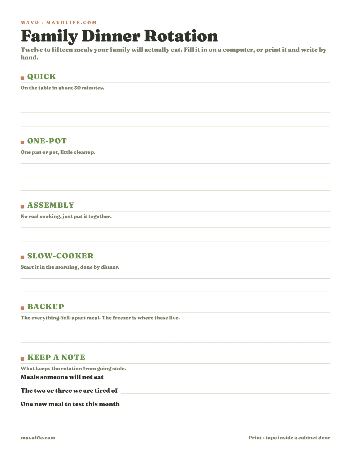 Preview of the Dinner rotation printable