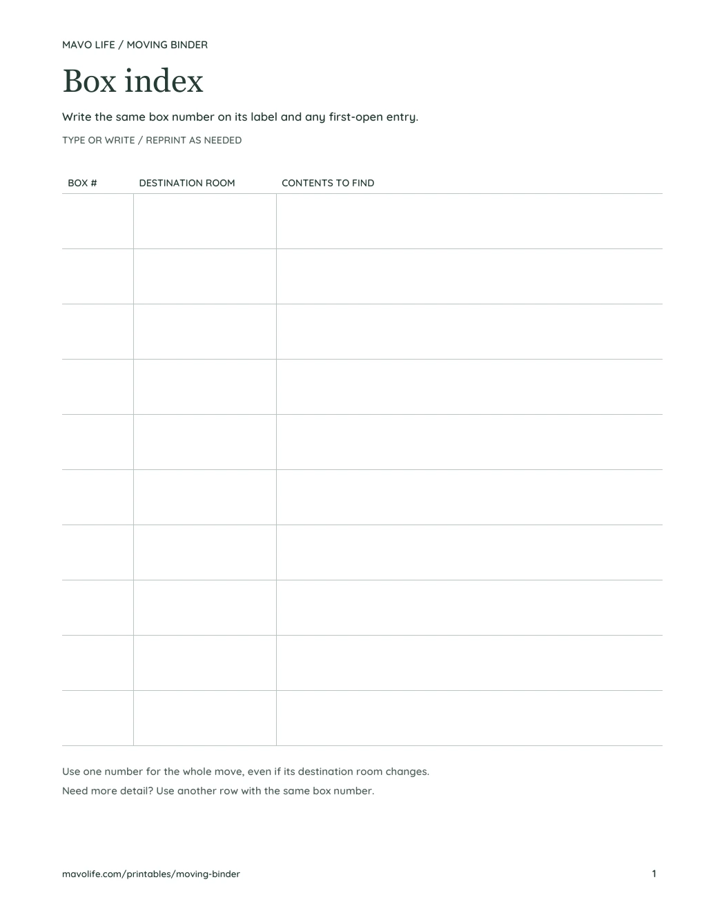 Blank three-column box index with ten tall rows for a number, destination room and contents.