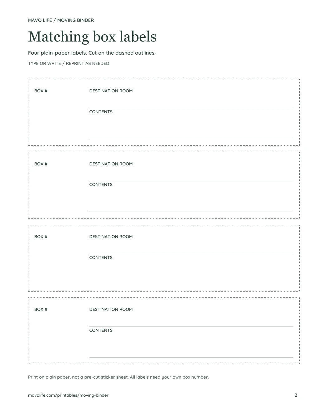 Four blank cut-apart moving labels with a large box-number space, destination room and contents.