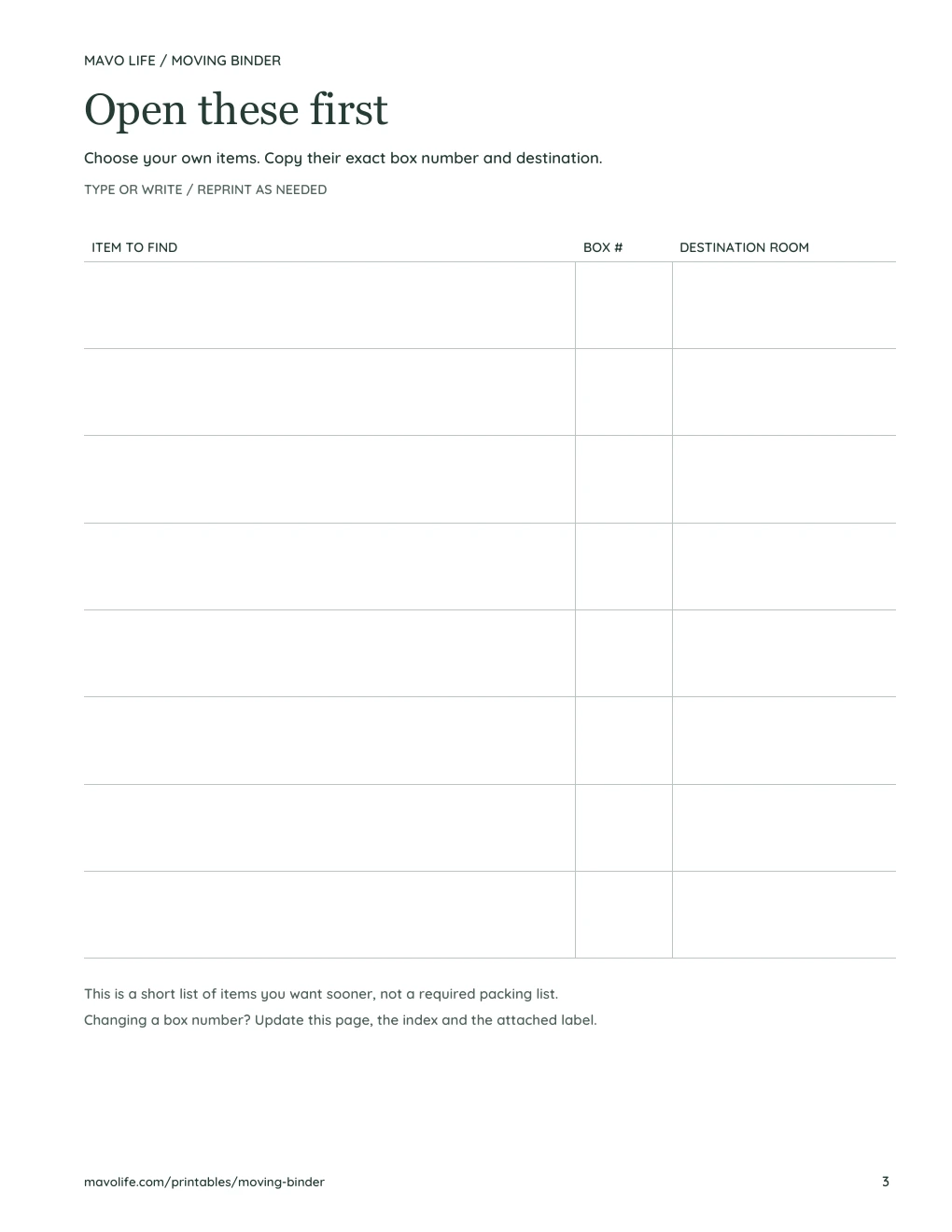 Blank first-open list with eight rows for an item, its box number and destination room.
