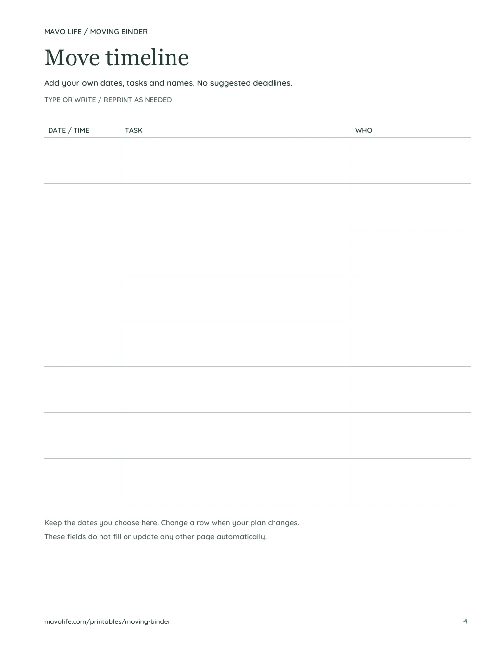Blank move timeline with eight rows for date or time, task and who will do it.