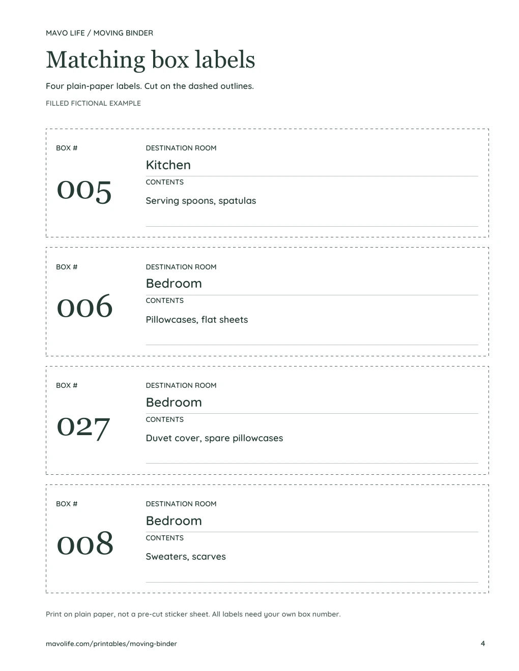 Actual example labels 005, 006, 027 and 008 match their index rows, with large numbers and destinations.