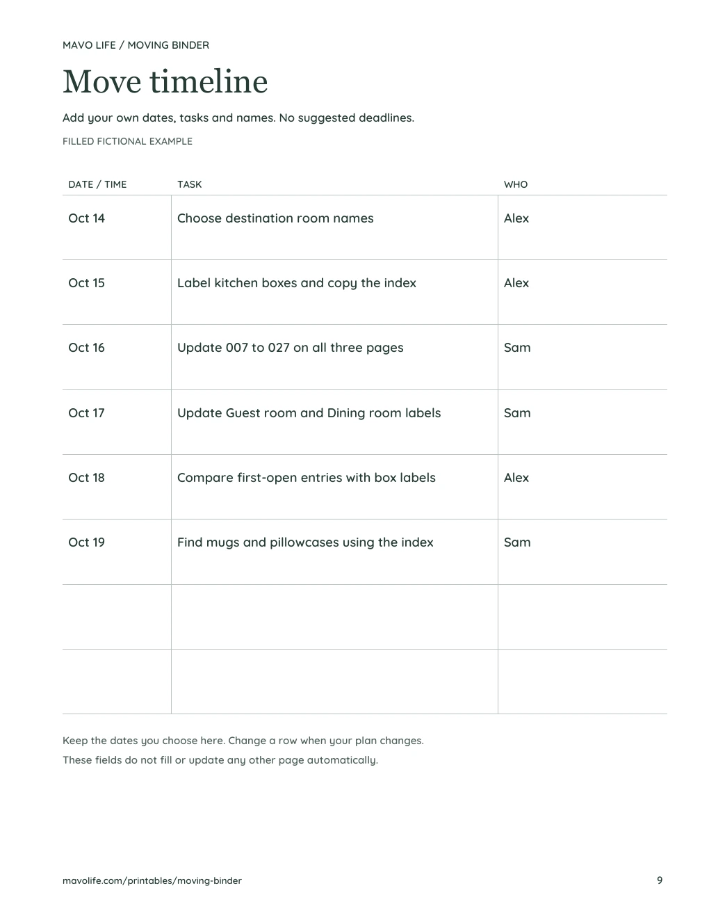 Fictional October timeline shows tasks for numbering, correcting and finding packed boxes, with named helpers.