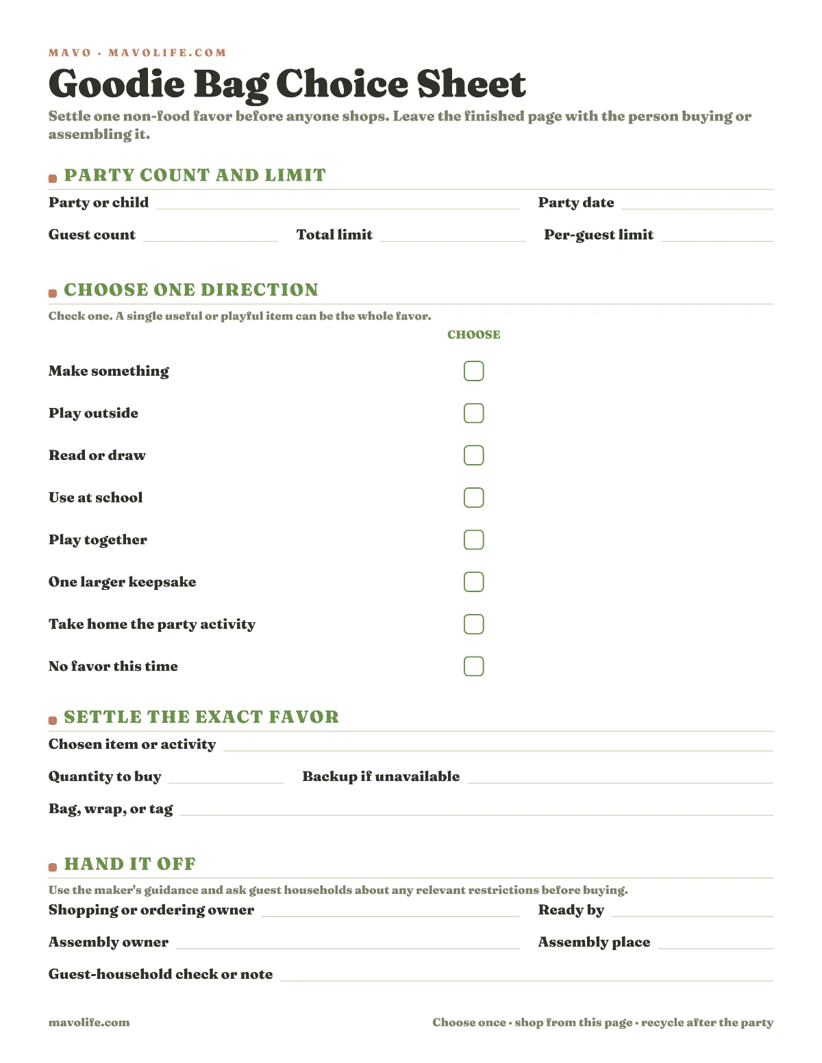 One-page fillable goodie bag choice sheet with guest count, budget, favor direction, exact item, quantity, backup, packaging, owner, and ready-by fields.