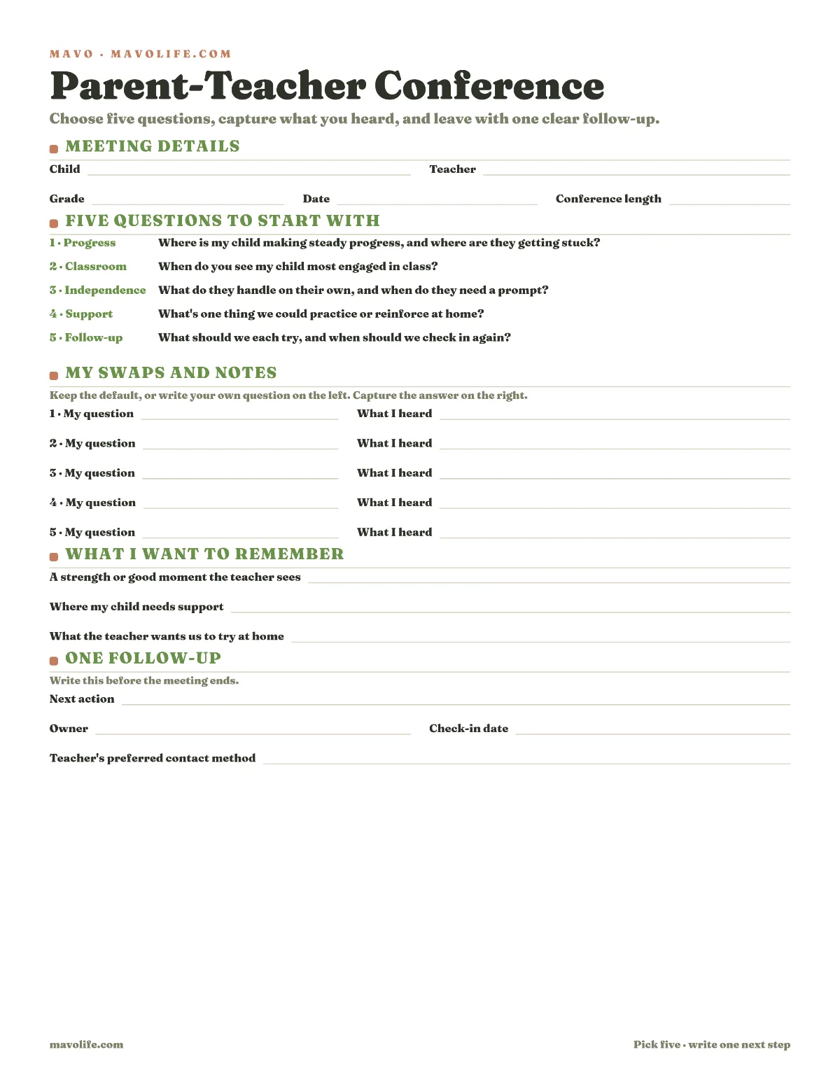 Printable parent-teacher conference question sheet with fields for the child, teacher, grade, date, five priority questions, notes about strengths and support, and one follow-up with an owner and check-in date.