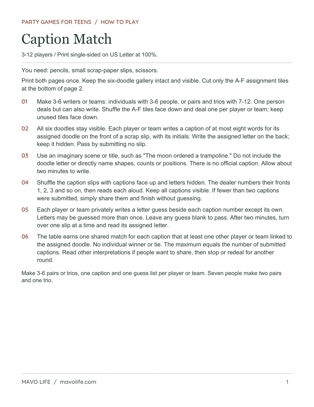 Caption Match, page 1 of 2: Rules for writing captions and matching them to doodles.