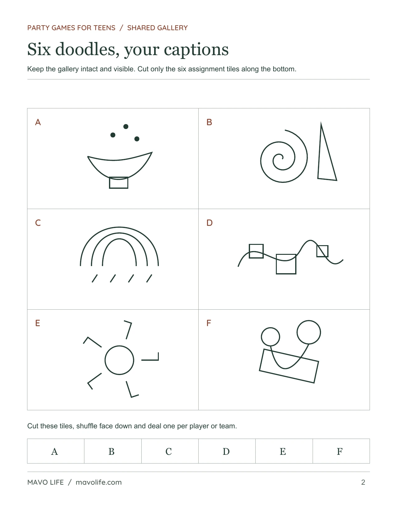 Caption Match, page 2 of 2: Six labeled abstract doodles and cut-apart assignment tiles.