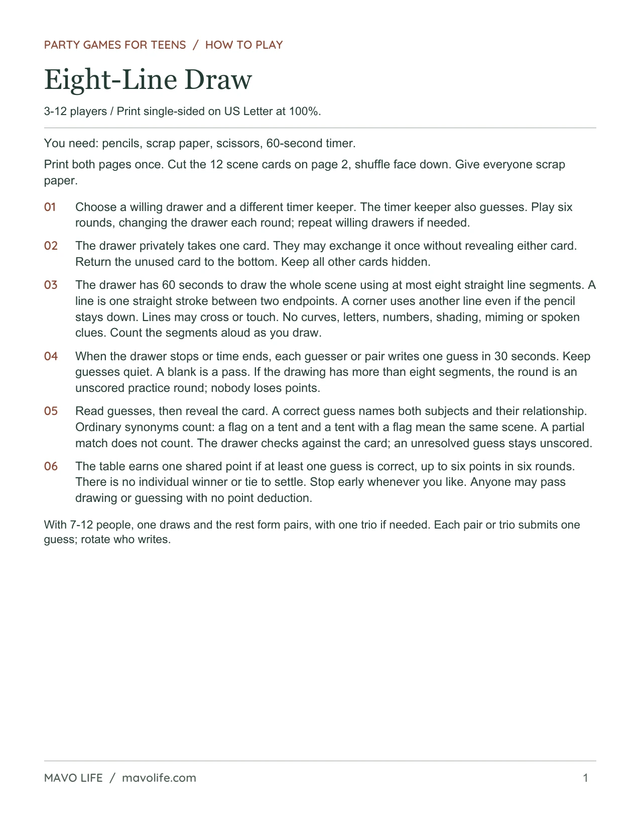 Eight-Line Draw, page 1 of 2: Rules for drawing, guessing and shared scoring.
