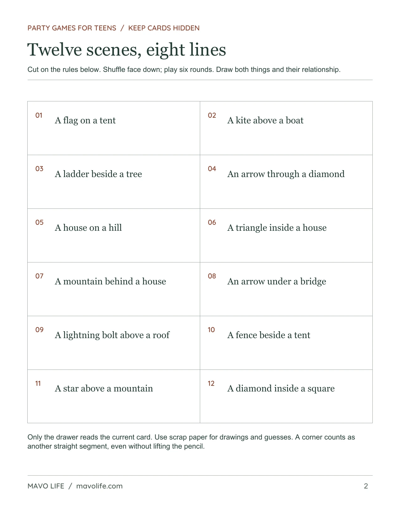 Eight-Line Draw, page 2 of 2: Twelve cut-apart scene cards to keep hidden from guessers.