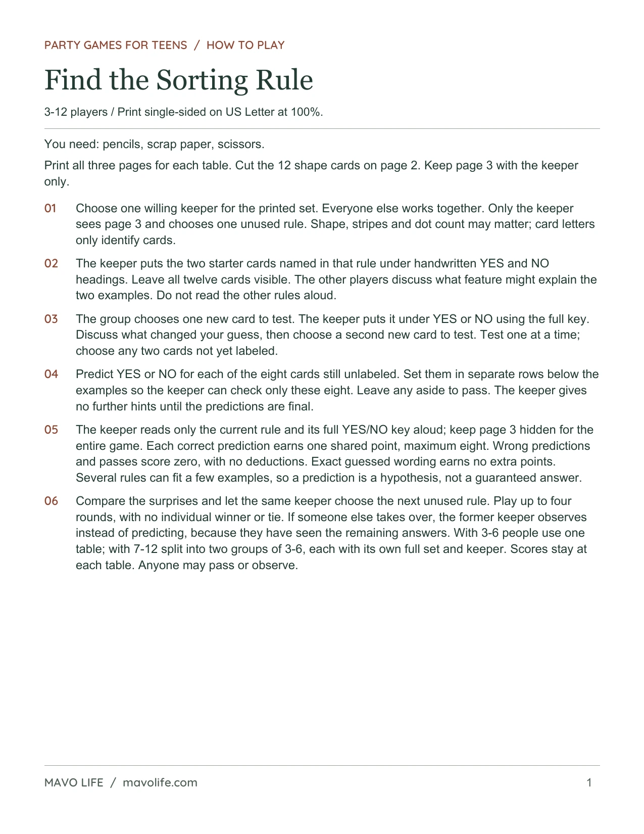 Find the Sorting Rule, page 1 of 3: Rules for choosing tests and predicting card labels.