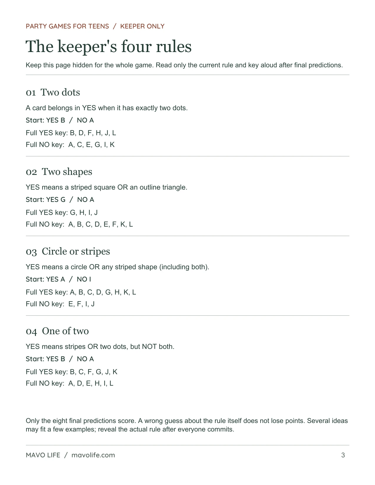 Find the Sorting Rule, page 3 of 3: Keeper-only rules, starter pairs and full YES/NO answer lists.