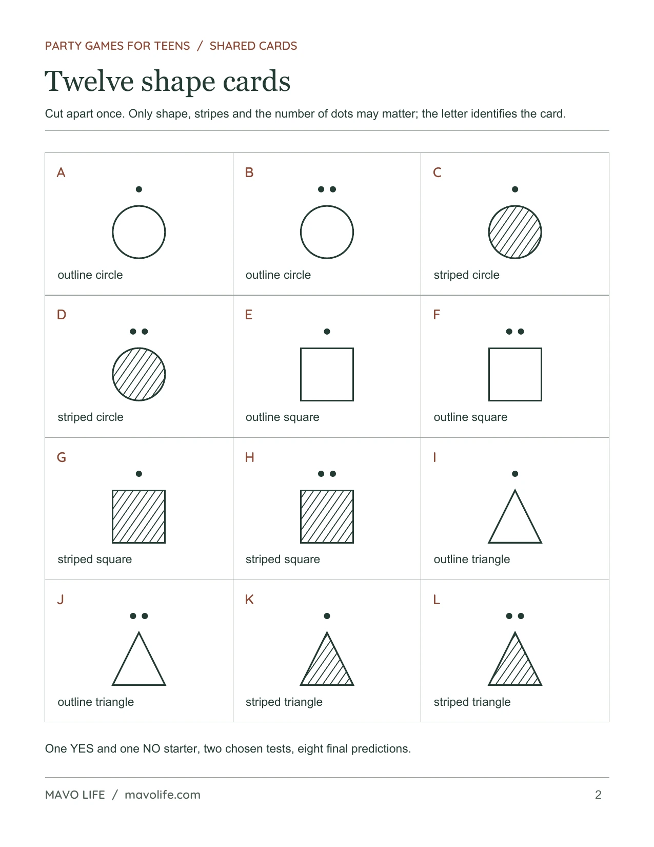 Find the Sorting Rule, page 2 of 3: Twelve cut-apart shape cards with stripes and dot counts.