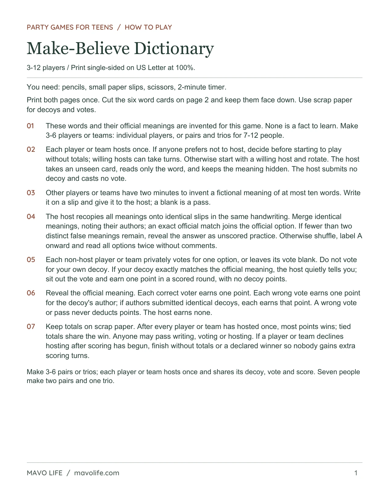 Make-Believe Dictionary, page 1 of 2: Rules for writing decoys, voting and scoring.