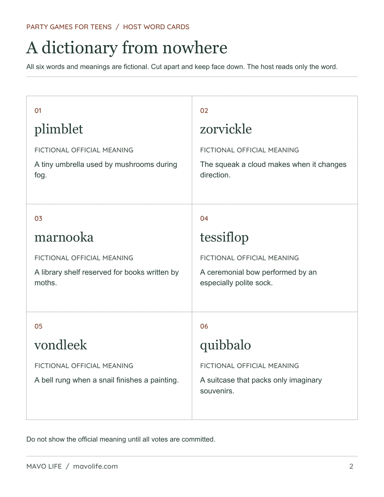 Make-Believe Dictionary, page 2 of 2: Six invented word cards with their secret fictional meanings.