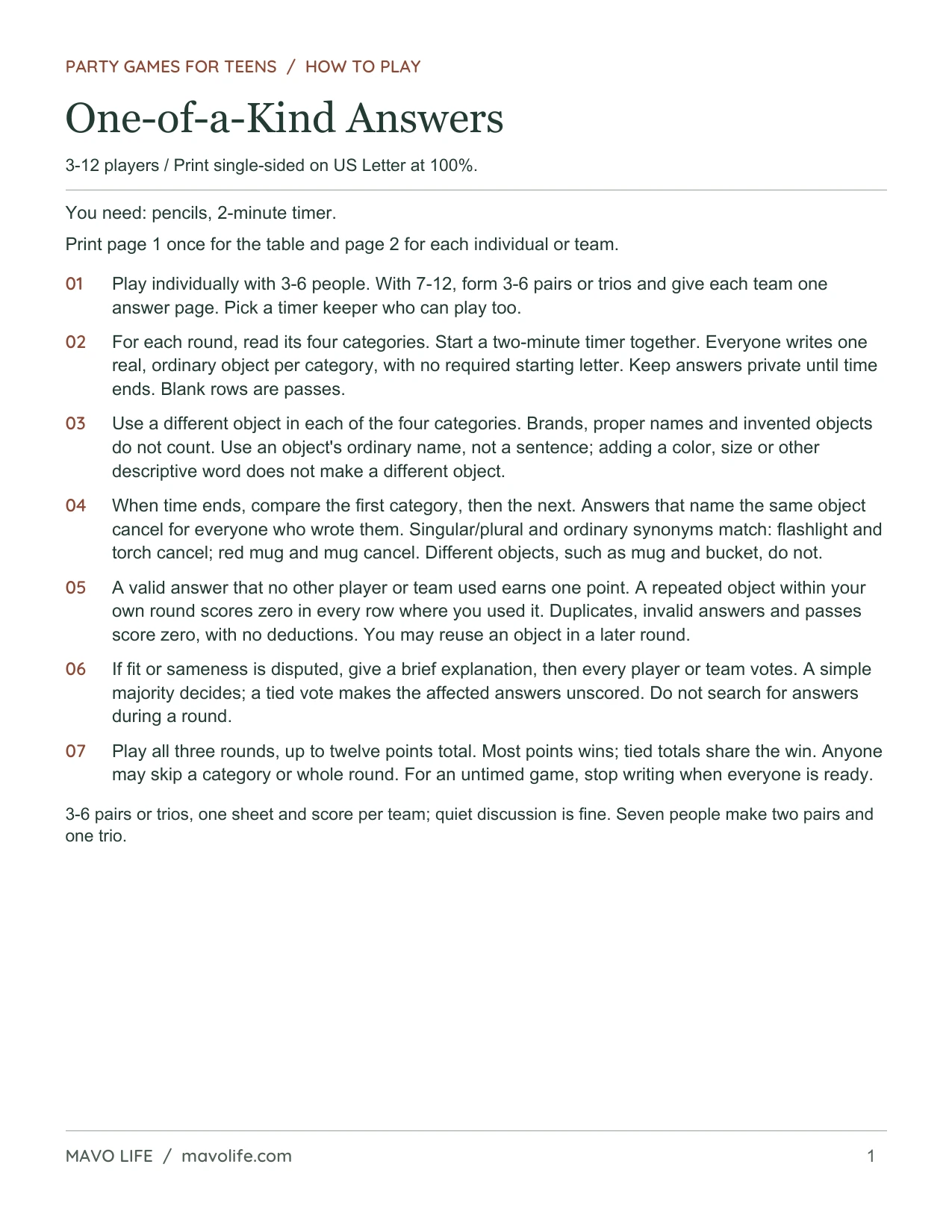 One-of-a-Kind Answers, page 1 of 2: Rules for category answers, duplicates and scoring.