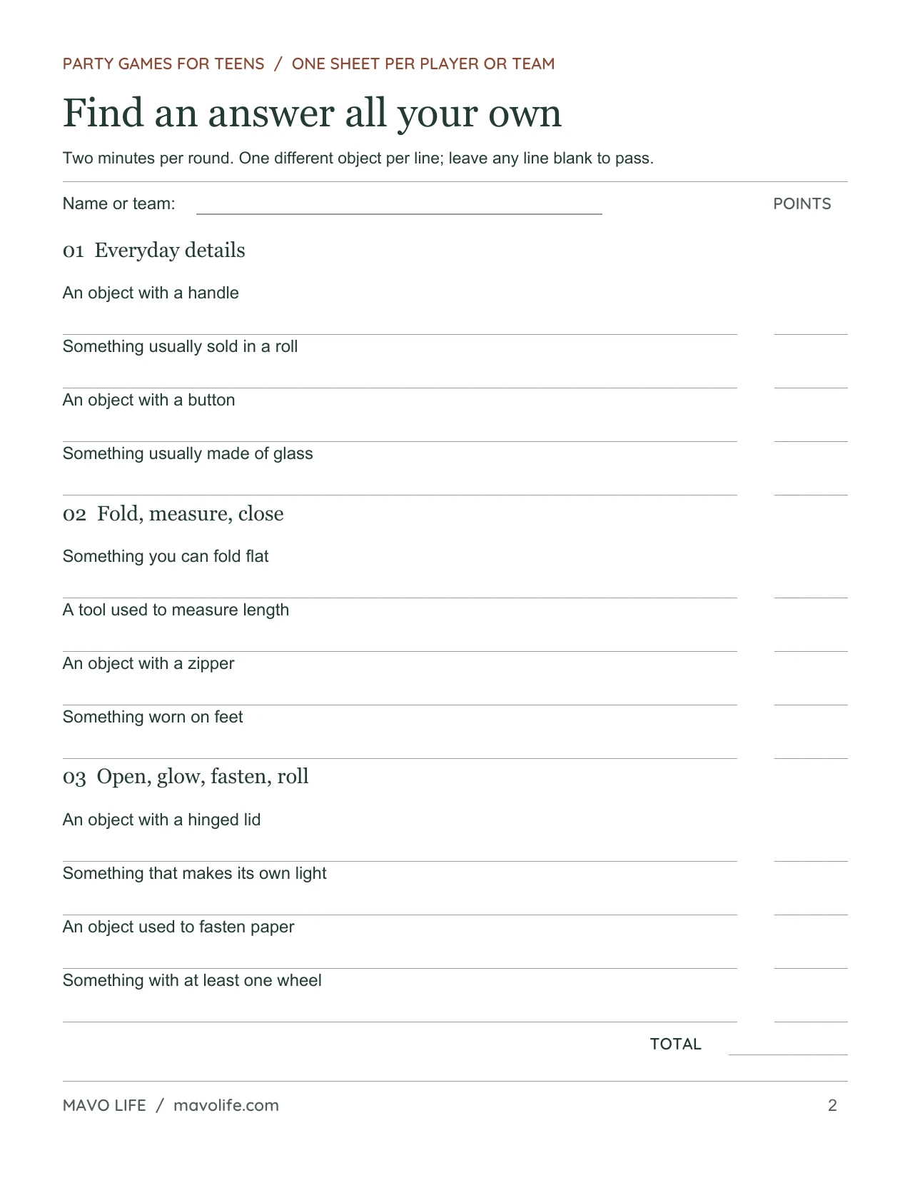 One-of-a-Kind Answers, page 2 of 2: Three rounds of four categories, with answer and score spaces.