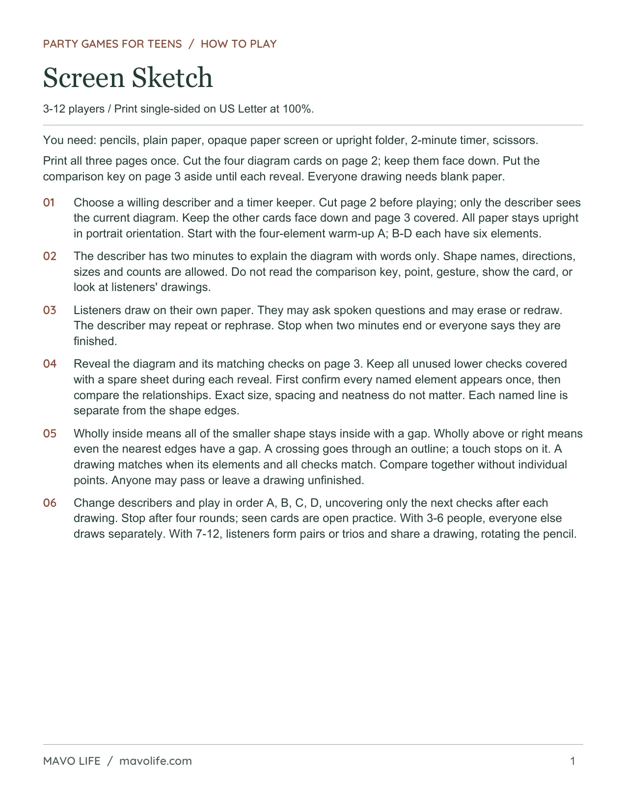 Screen Sketch, page 1 of 3: Rules for describing, drawing and comparing.