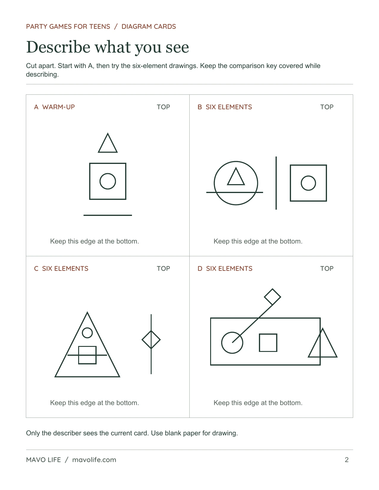 Screen Sketch, page 2 of 3: Four diagram cards; only the current describer sees the selected card.