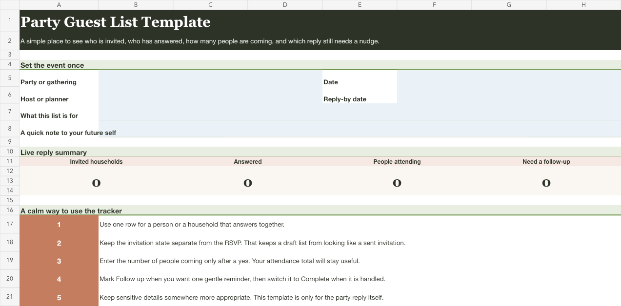 A preview of the party guest list template workbook, with a party setup area and a live reply summary.