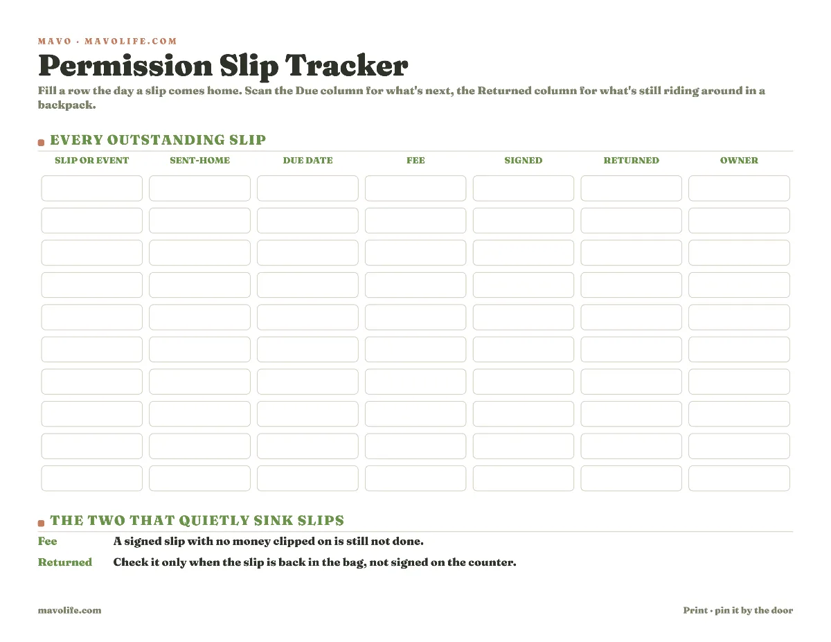 Preview of the Permission slip tracker printable