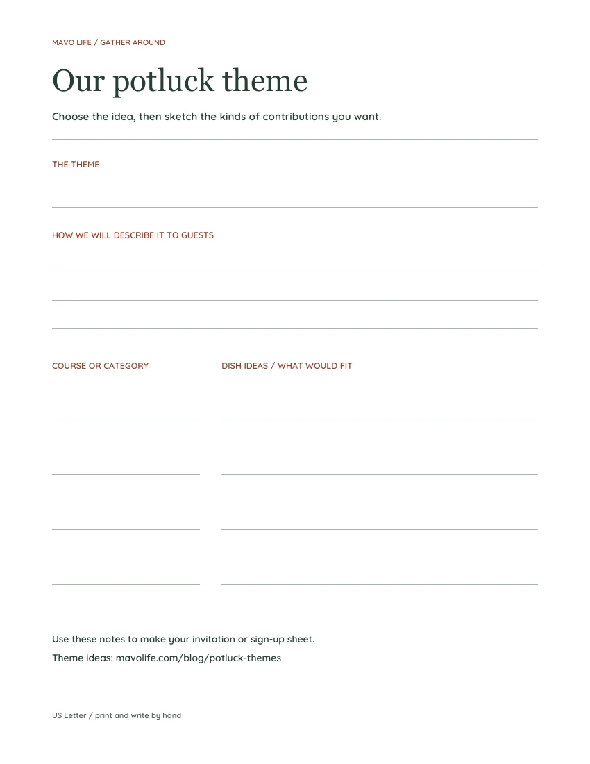 One-page potluck theme worksheet with a theme line, three ruled invitation lines, and four course-category rows beside dish-idea space.