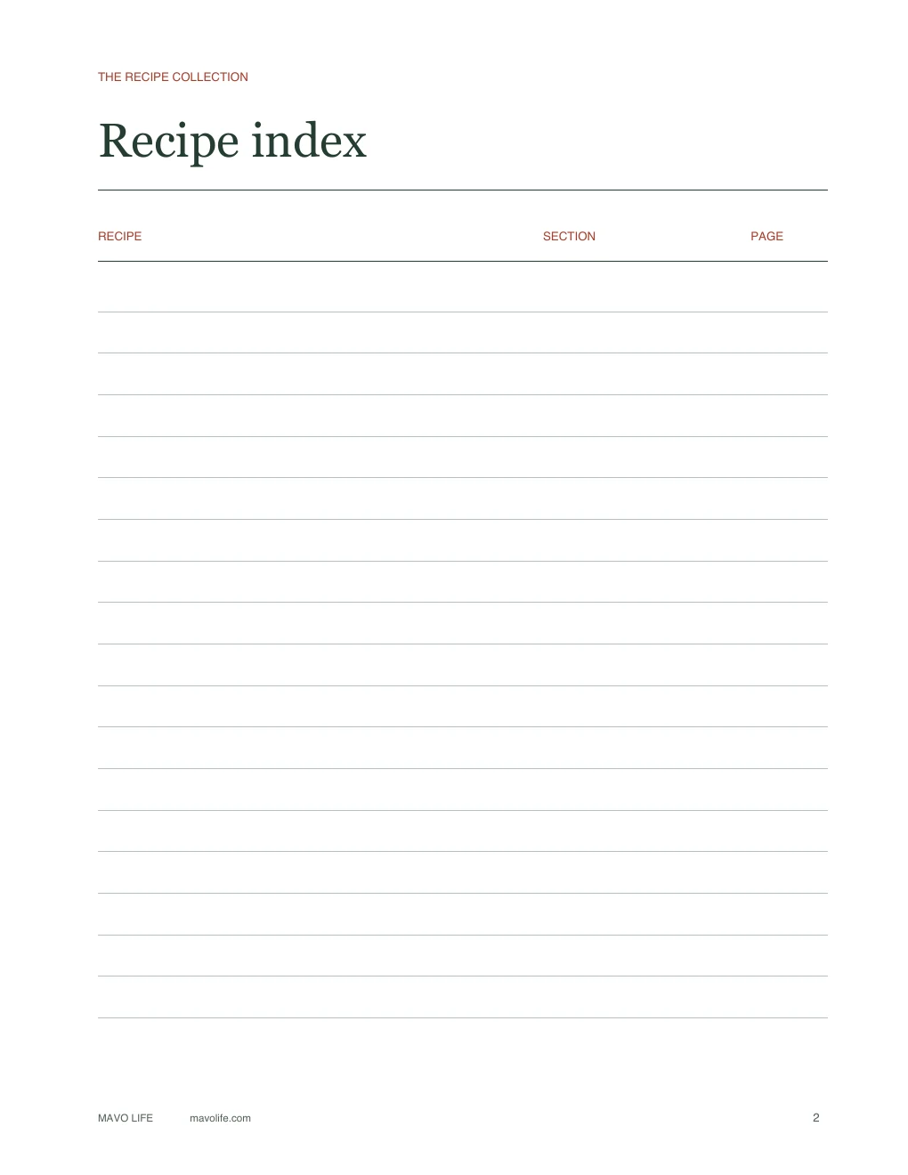 Recipe index with 18 ruled rows and columns for recipe, section, and page