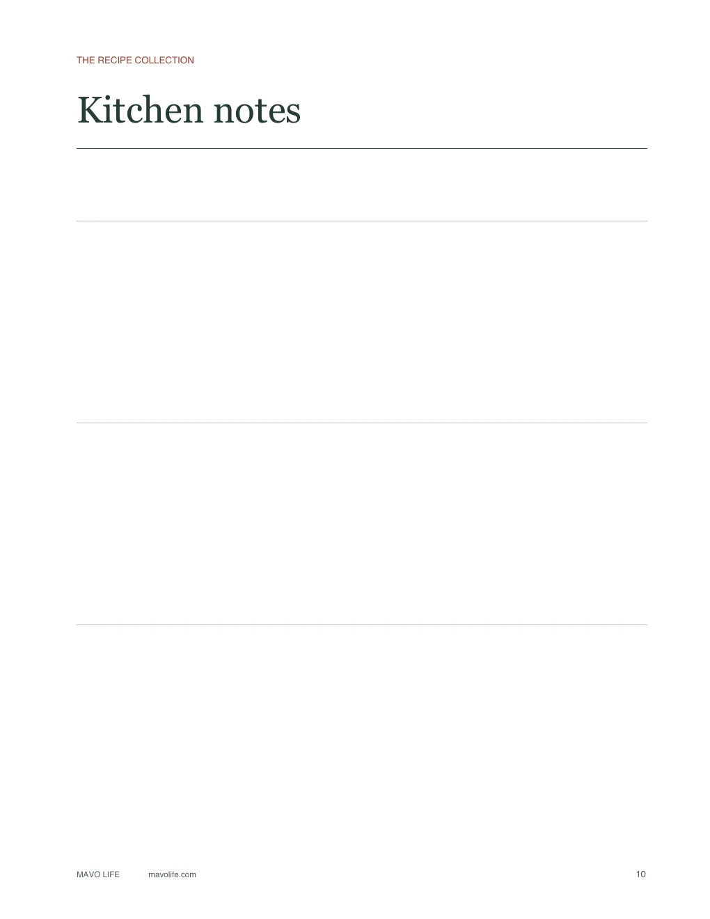 Kitchen notes page with three heading lines and open writing areas beneath them