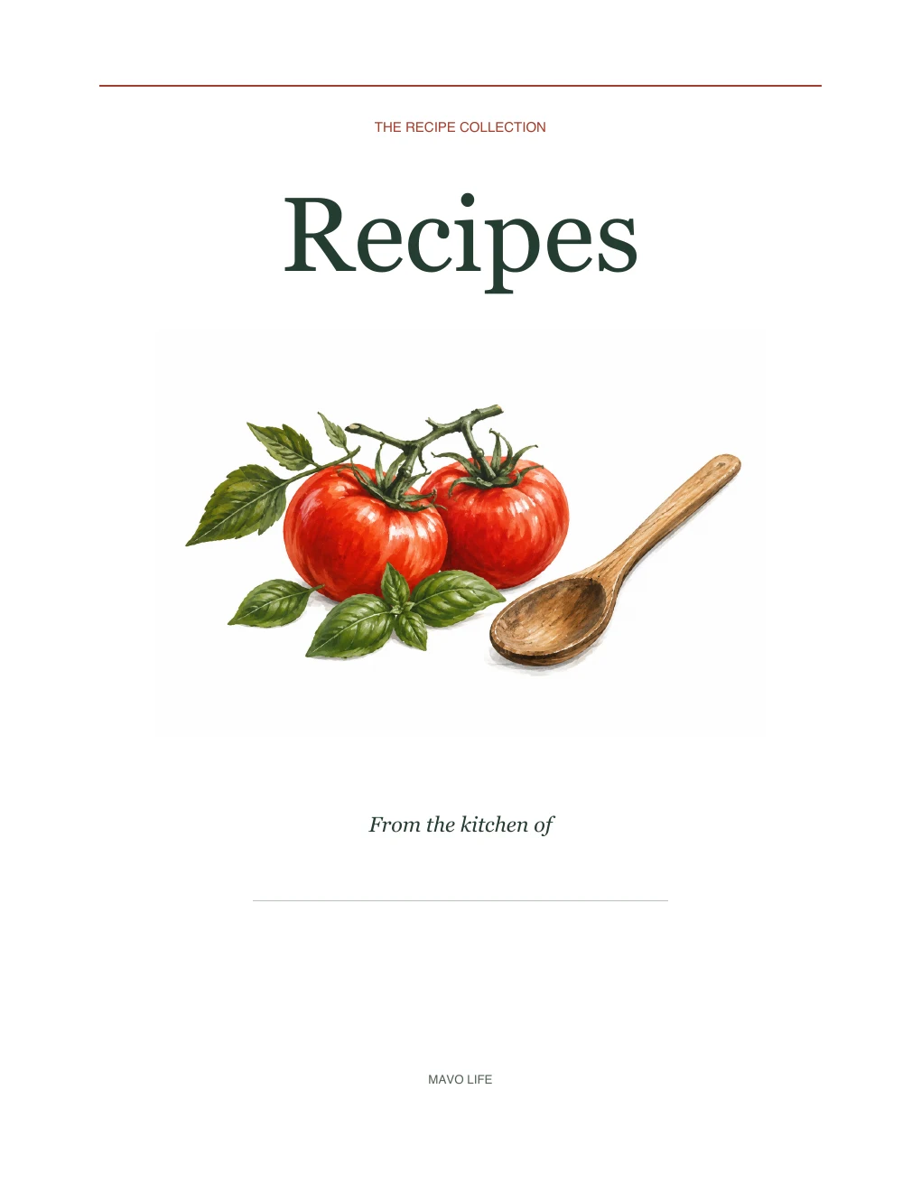 Recipes cover with a tomato, basil, and wooden spoon illustration above a From the kitchen of line