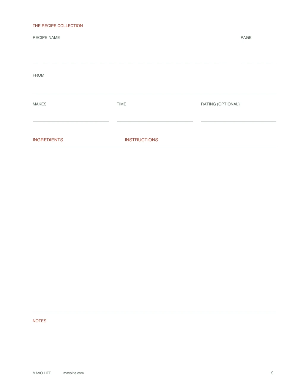 Blank recipe page with source, servings, time, and rating fields above ingredients, instructions, and notes
