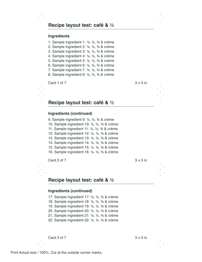 Actual first US Letter sheet from the long 3x5 layout sample; numbered cards contain synthetic example text.