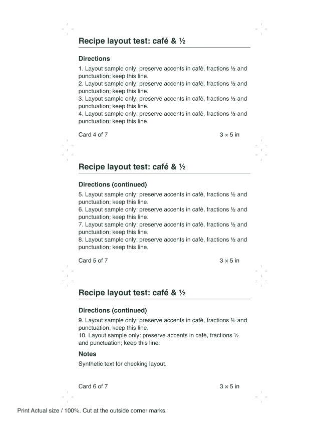 Actual long 3×5 sample sheet 2: continued ingredient and direction text.