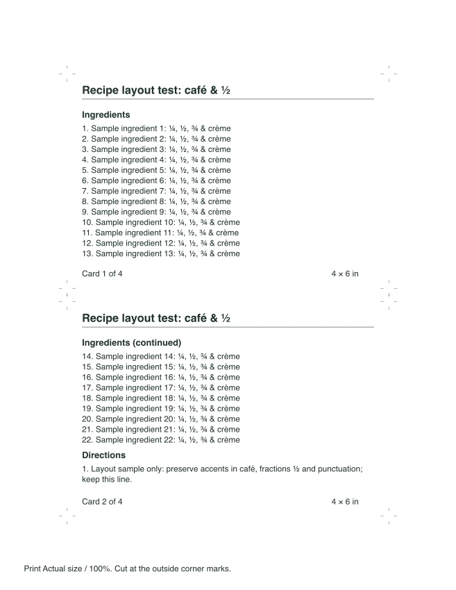 Actual first US Letter sheet from the long 4x6 layout sample; numbered cards contain synthetic example text.