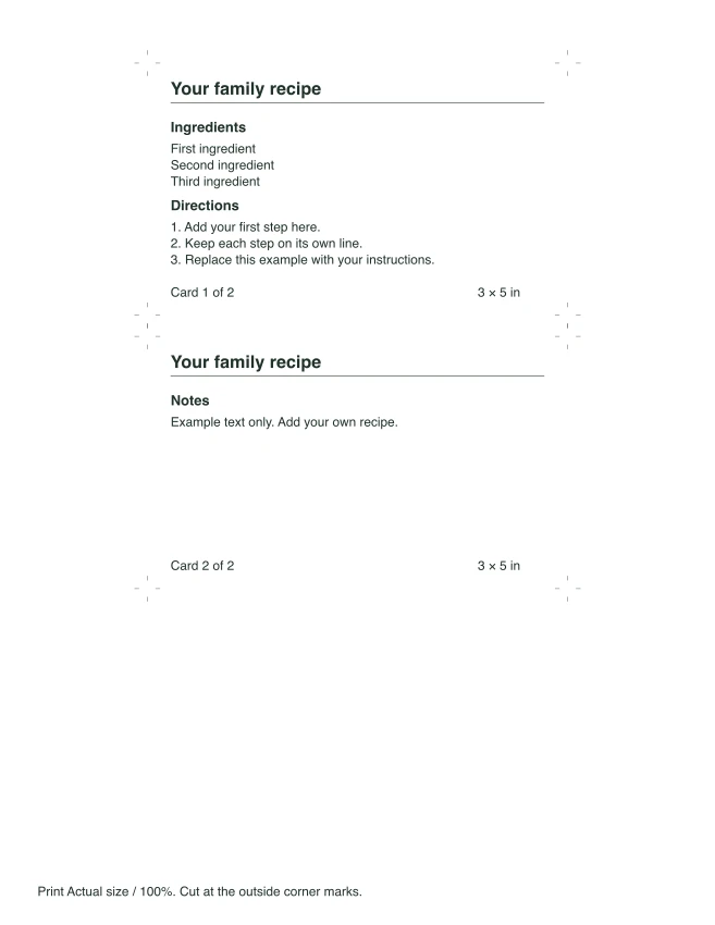 Actual first US Letter sheet from the short 3x5 layout sample; numbered cards contain synthetic example text.
