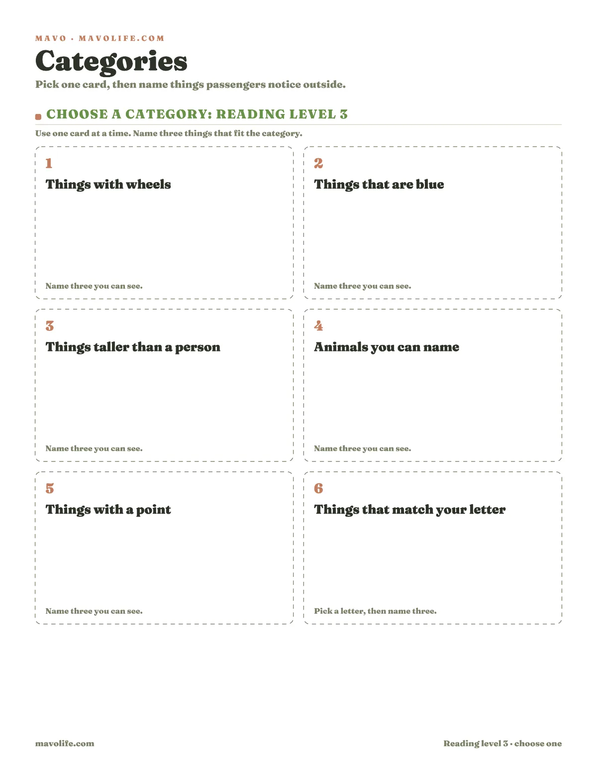 A printable road trip categories page with six cards that prompt passengers to name things outside.