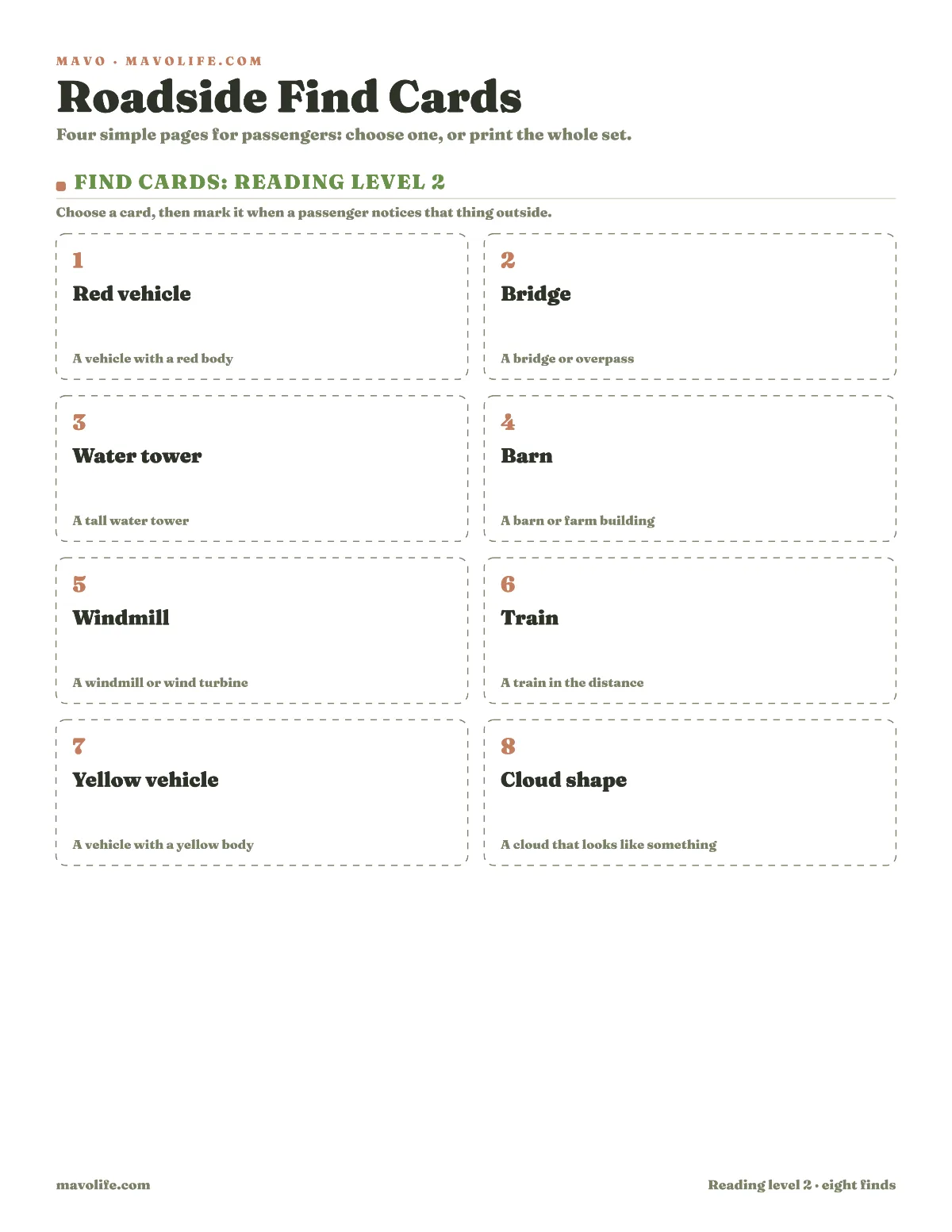 Printable roadside find cards with eight ordinary things passengers can notice outside.