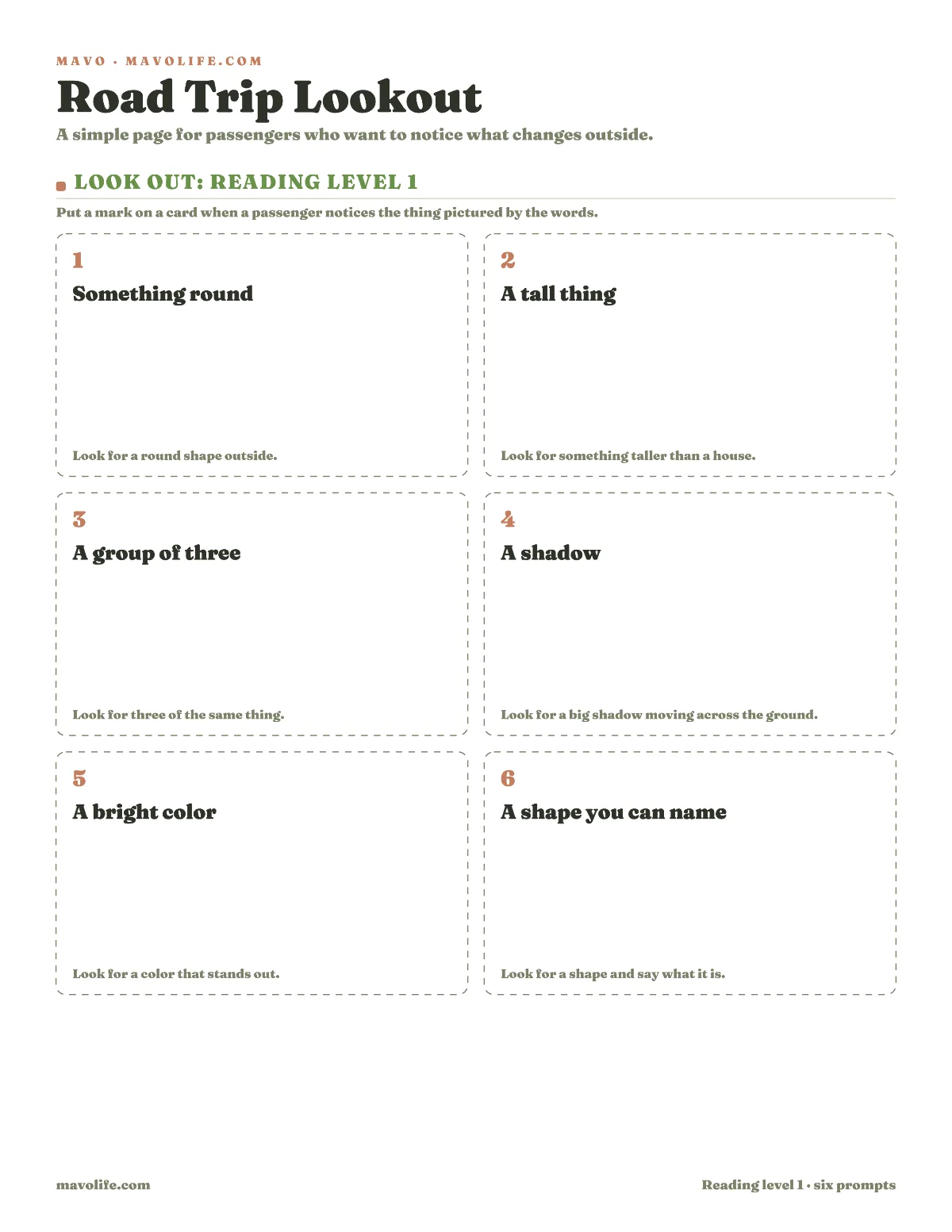 A printable road trip lookout page with six short observation cards for passengers.