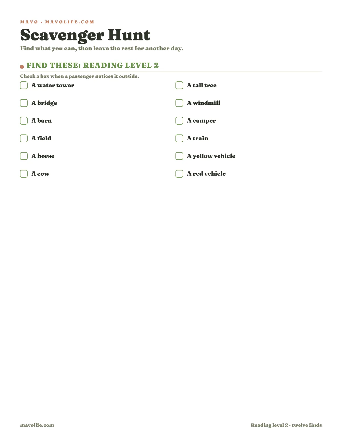 A printable road trip scavenger hunt with twelve outside-looking prompts and checkboxes.