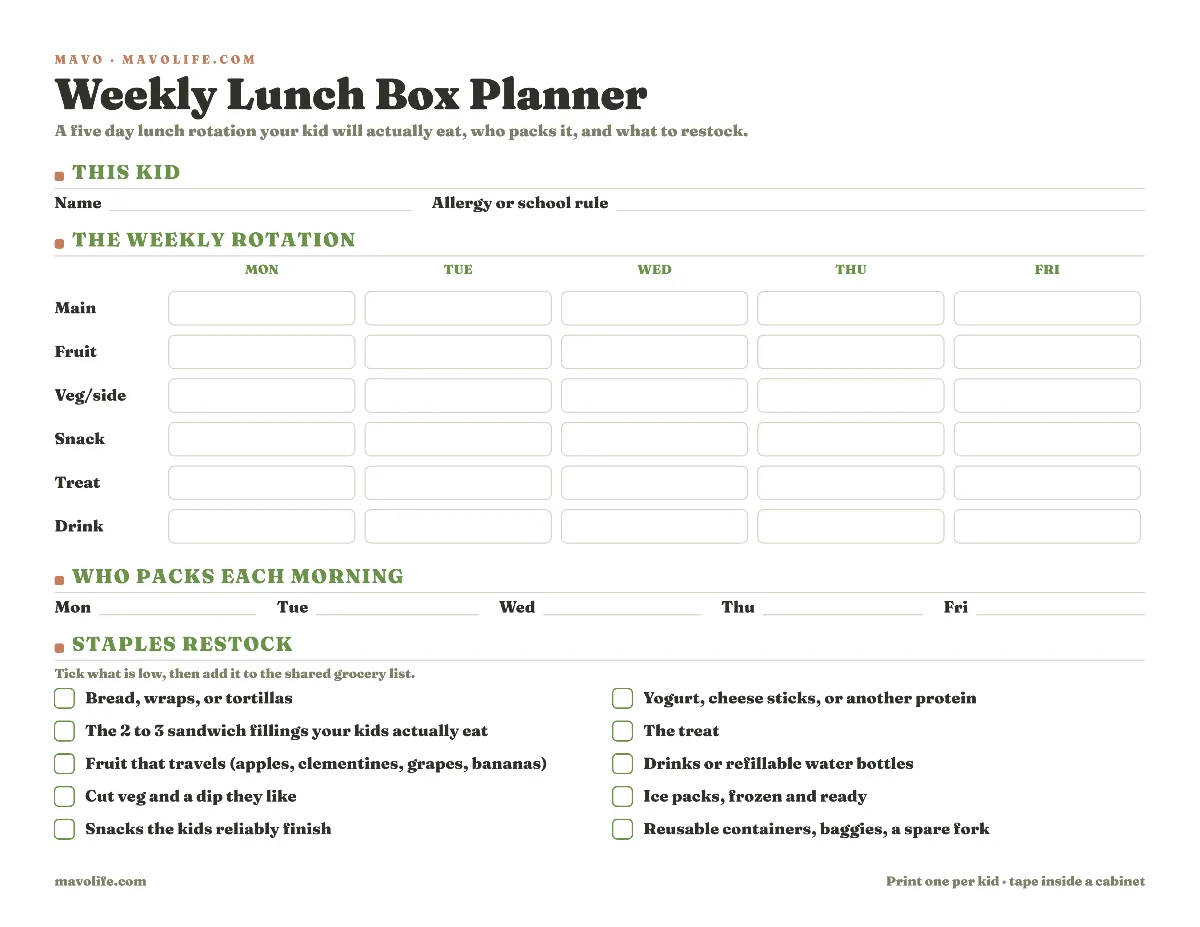 Preview of the Lunchbox week planner printable