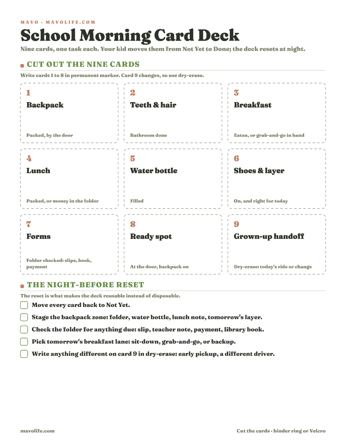 Printable school-morning card deck: nine cut-out task cards from backpack to grown-up handoff, plus the night-before reset checklist