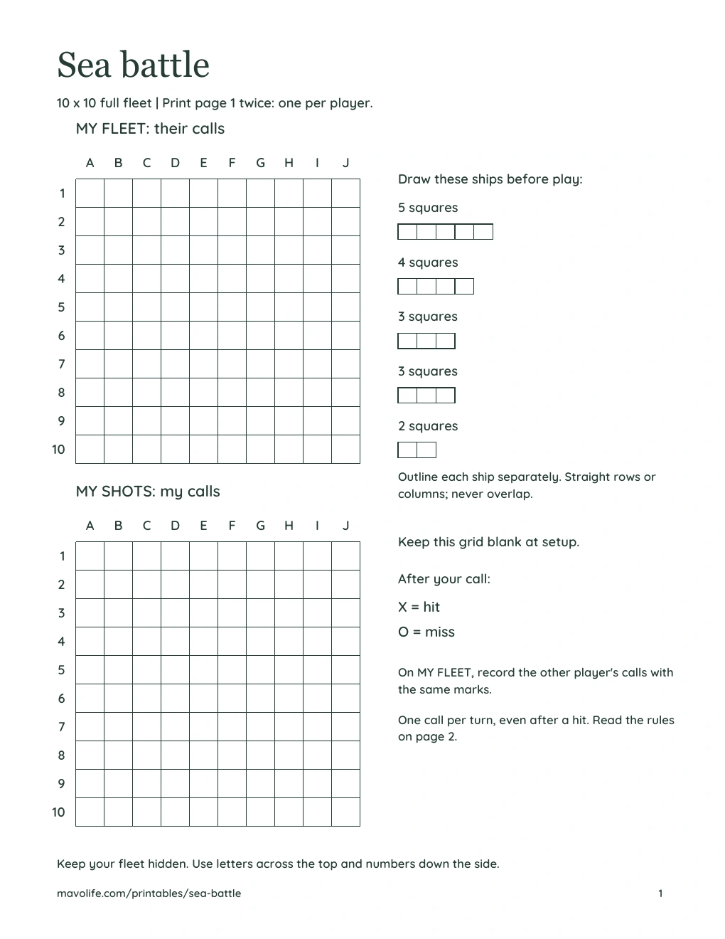 Actual blank full-game sheet with two 10-by-10 grids, letter columns, number rows, and five separate ship-length diagrams.