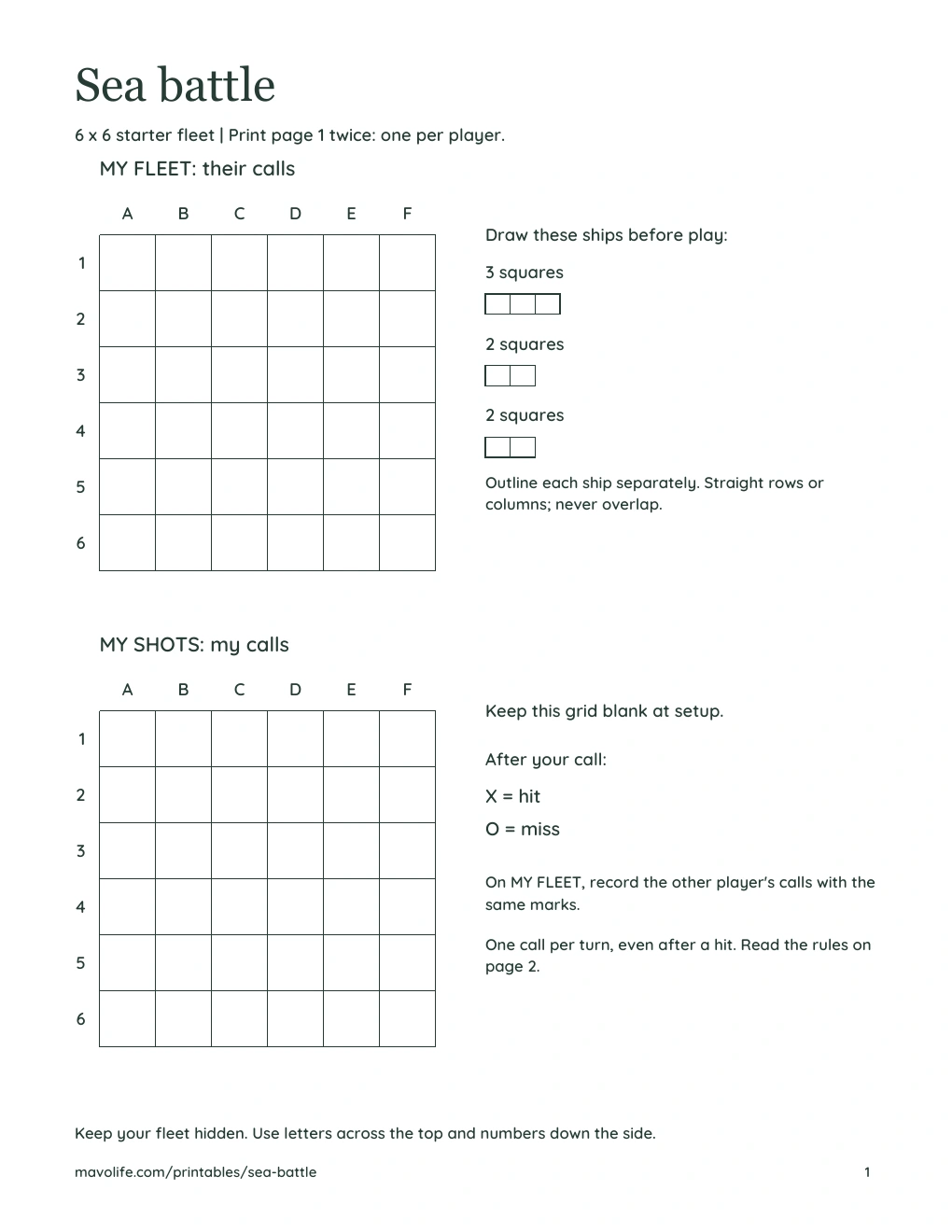 Actual blank starter sheet with two 6-by-6 grids labeled MY FLEET and MY SHOTS, three ship-length diagrams, and a hit/miss legend.