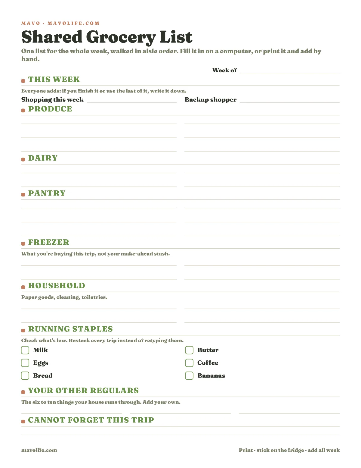 Preview of the Family grocery list printable