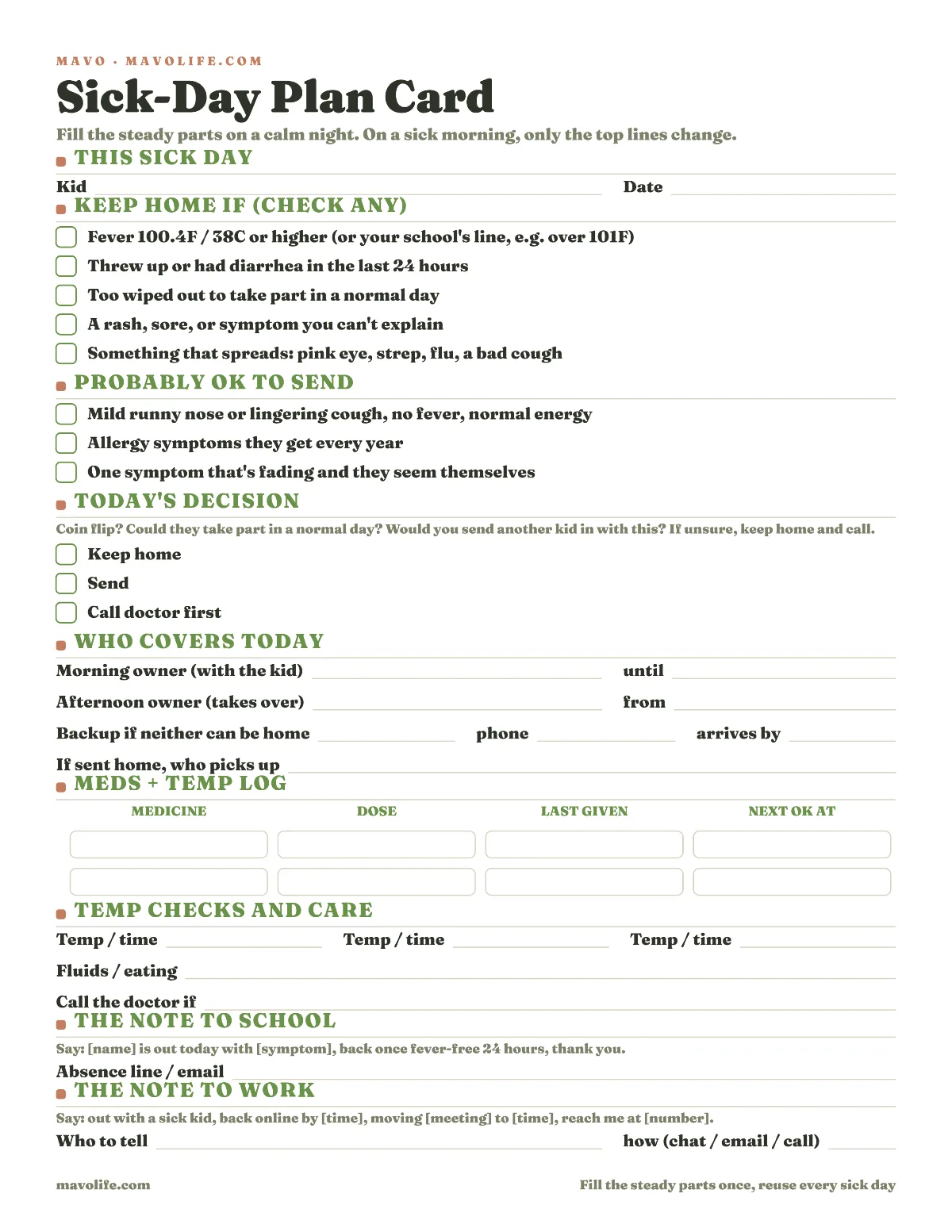 Preview of the Sick day plan card printable