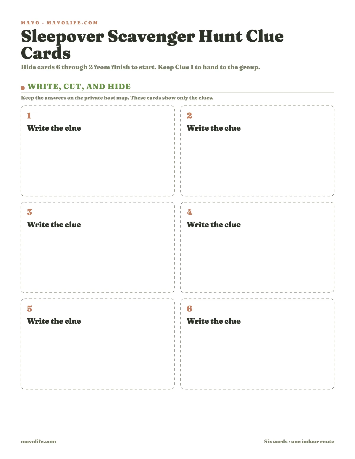 Printable page of six large cut-apart sleepover scavenger hunt clue cards with numbered headings and blank writing space.
