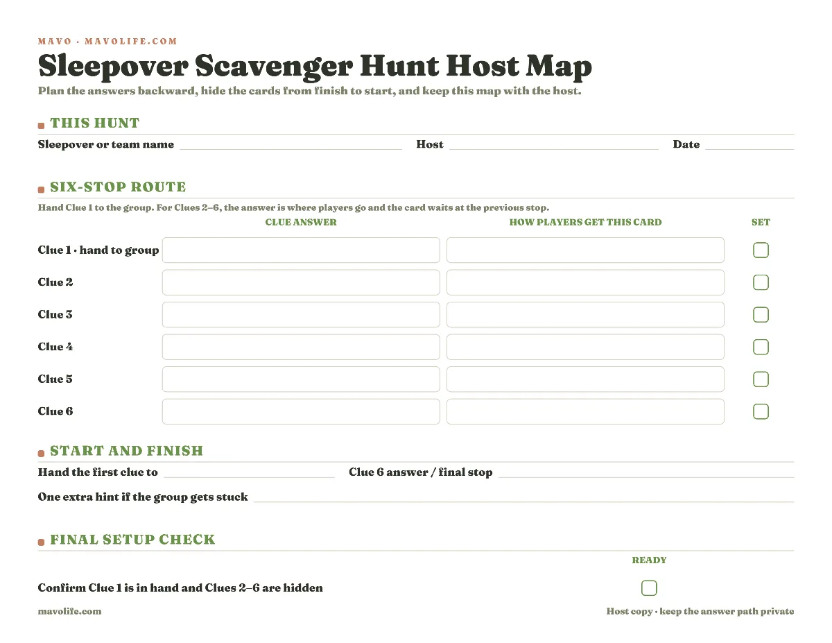 Fillable sleepover scavenger hunt host route map with a team name, six clue answers, five indoor hiding locations, and setup checkboxes.