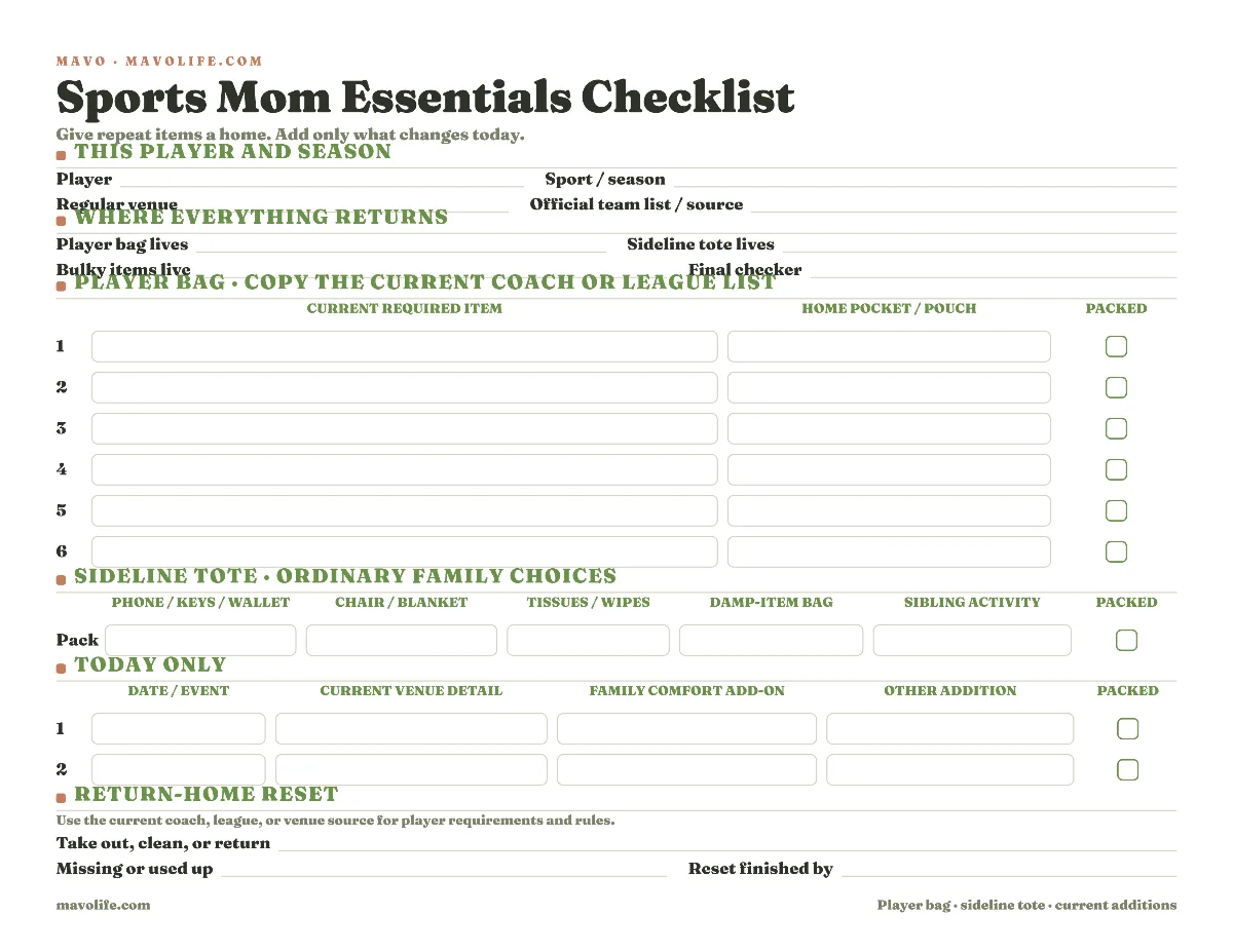 Fillable sports mom essentials checklist with the current player details and permanent bag locations, followed by team requirements plus family choices before the return-home reset.