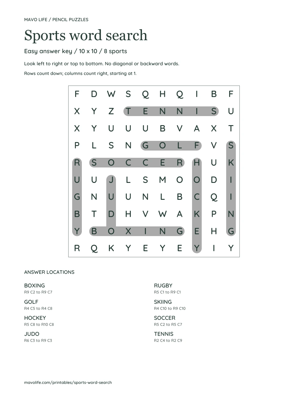 easy sports answer key with shaded word paths and start/end row and column coordinates for every sport.